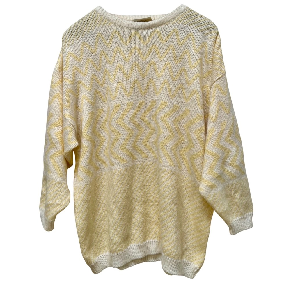Yellow Rose Vintage Yellow White Geometric Zigzag Knit Sweater Large 70s